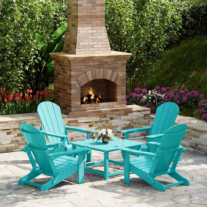 Costaelm Patio Conversation Set, 5 piece Balcony Furniture, Small Patio Firepit Furniture Outdoor Adirondack Square Coffee Table and Chair for Backyard Lawn Porch Pool Garden, Turquoise