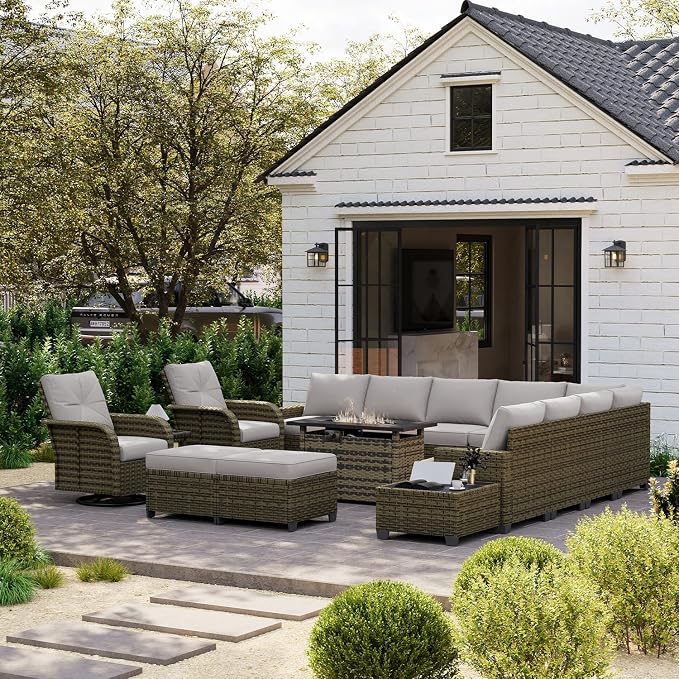 LET'S PATIO Luxury Patio Furniture Set with Fire Pit Table, 15 Piece Outdoor Furniture Set with Swivel Rocker Chairs & Ottomans, All-Weather Patio Sectional Sofas with Thickened Cushions, Grey