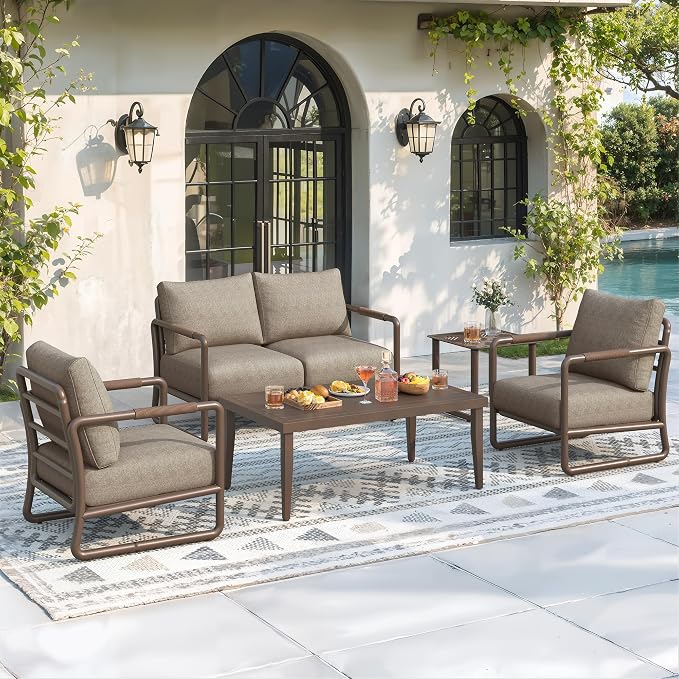 Outdoor Aluminum Patio Furniture Set with with 6.5" Thick Cushions,6-Piece Outdoor Sectional Conversation Set with Coffee Tables,All-Weather Patio Set for Backyard & Deck，Brown
