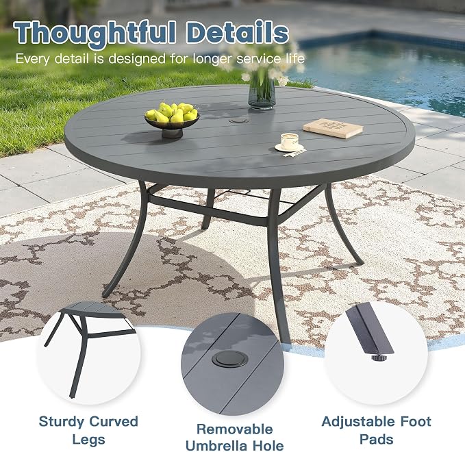 DIFY 9 Piece Outdoor Patio Dining Set for 8, Patio Table and Chairs Set with Umbrella Hole, 53" Round Dining Table and Stackable Metal Chairs for Backyard Garden Poolside, Grey