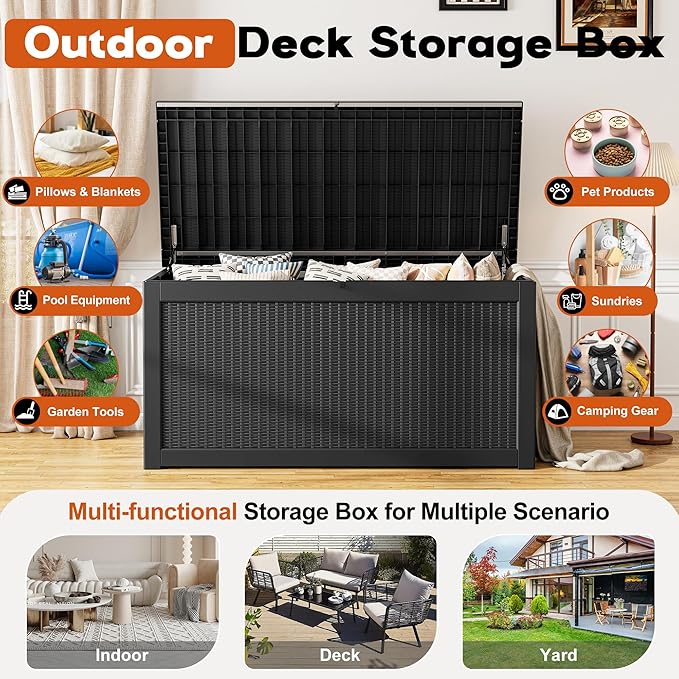 Outdoor Storage Box, Resin Deck Boxes Indoor and outdoor, Waterproof Storage Box Lockable Lid (Black,260 Gallon)