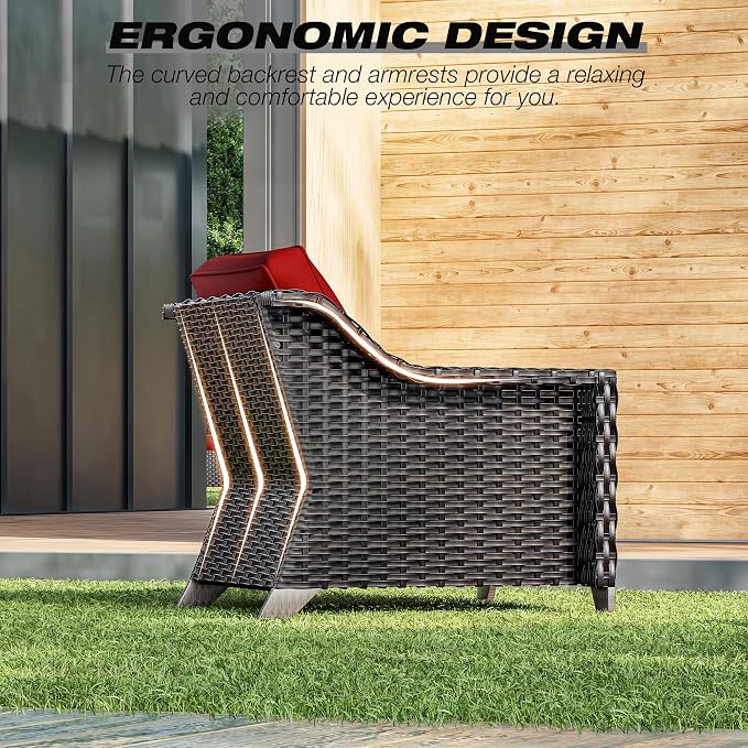 Joyside Wicker Patio Furniture Sets, 4 Pieces Upgraded Large Size Outdoor Furniture with Patio Dining Chairs and Outdoor Ottoman, Thick Cushions, Wide Armrest