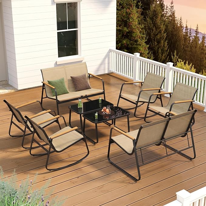 Ahomly 8-Piece Outdoor Patio Furniture Set, Textilene Conversation Set with Rocking Chairs, Loveseat, and Tempered Glass Coffee Table, for Lawn, Garden, Balcony, Poolside (Brown)