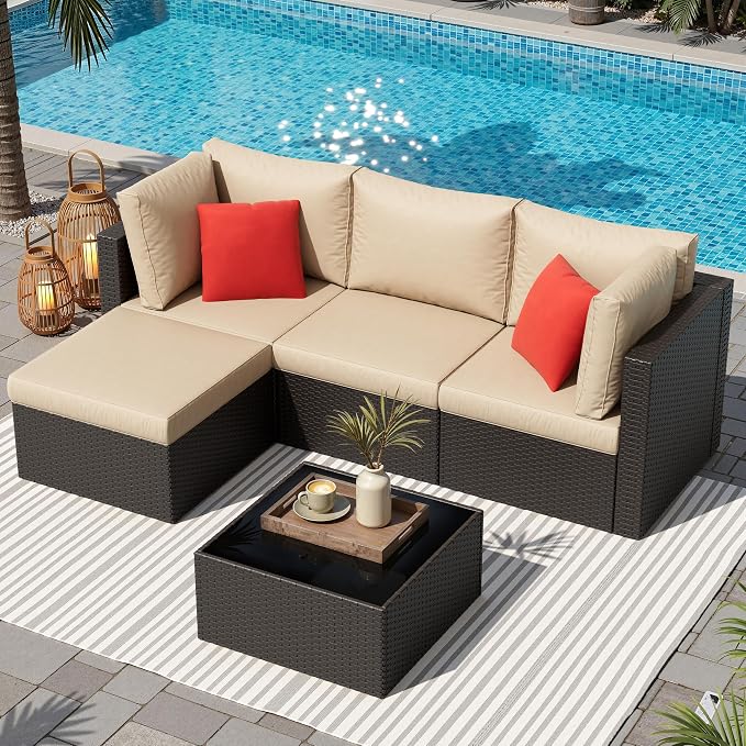 Shintenchi 5 Pieces Patio Furniture Sets Outdoor All-Weather Sectional Patio Sofa Set PE Rattan Manual Weaving Wicker Patio Conversation Set with Glass Table&Ottoman Cushion and Red Pillows, Beige