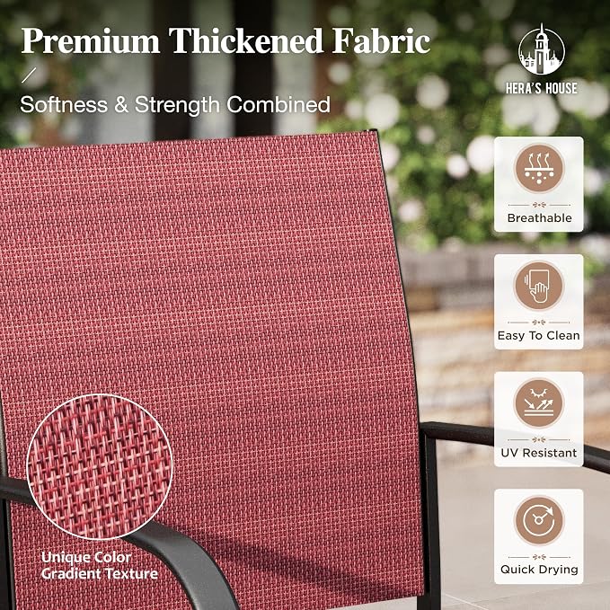 HERA'S HOUSE 7pc Outdoor Patio Dining Set, Wood-Look Metal Table, Red | 6 textilene chairs, 64" rectangular table with umbrella hole. Waterproof, rust-resistant, all-weather for yard, porch