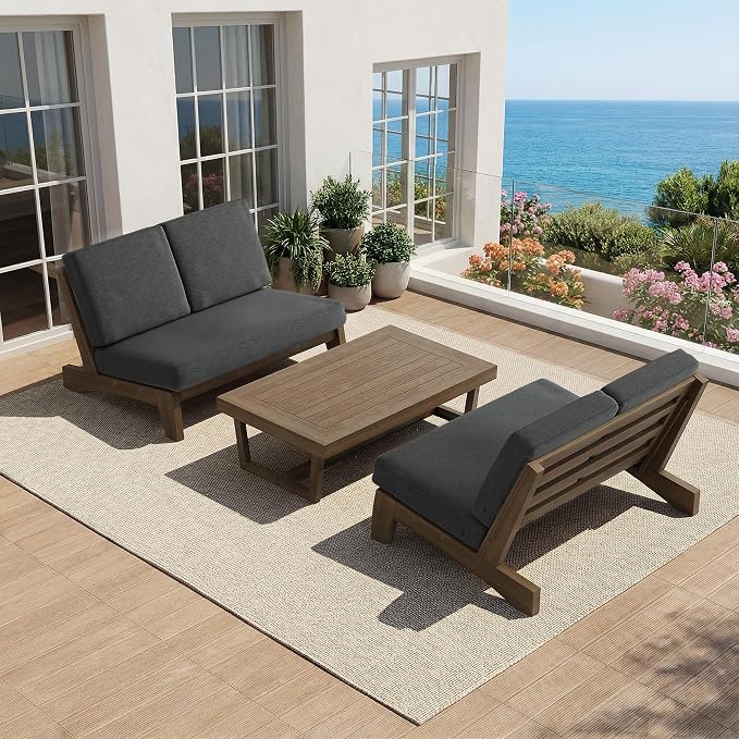 All Weather Wood Patio Furniture Sets, 3 Pieces Patio Loveseat Sofa Outdoor Sectional Futniture Backyard Conversation Set with Solid Wooden Coffee Table - Dark Gray