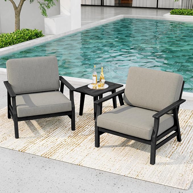 3 Piece Wood Patio Chair Outdoor Bistro Set, Outdoor Armchair All Weather Patio Sofa Furniture Backyard Conversation Sets with Dark Wooden Side Table, Light Camel