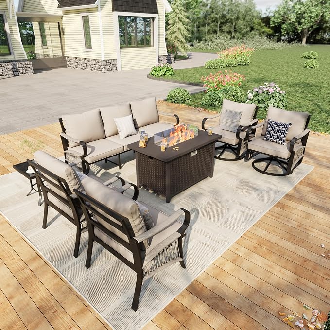 7 Pieces Patio Furniture Set, Metal Outdoor Conversation Sets with Fire Pit Table and Swivel Chairs for Backyard Garden Deck Porch Poolside (Thick Beige Cushions)