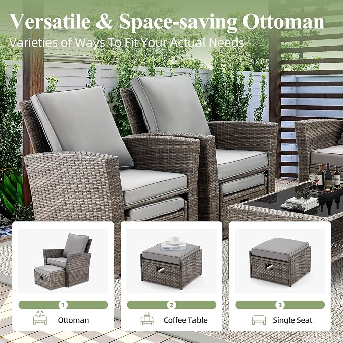 HOMREST 6 Pieces Outdoor Patio Furniture Set with Coffee Table, Patio Conversation Set with Ottoman with Storage, Outdoor Sofa for Garden, Porch, Deck, Backyard (Grey)