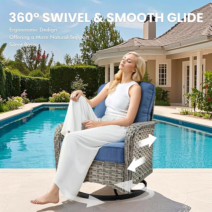 9 Pcs Patio Outdoor Furniture Set - All Weather Wicker Outdoor Sectional Sofa Couch with Swivel Fire Pit Table and Rocking Chairs e,Patio Rattan Conversation Set for Garden Deck Yard,Denim Blue