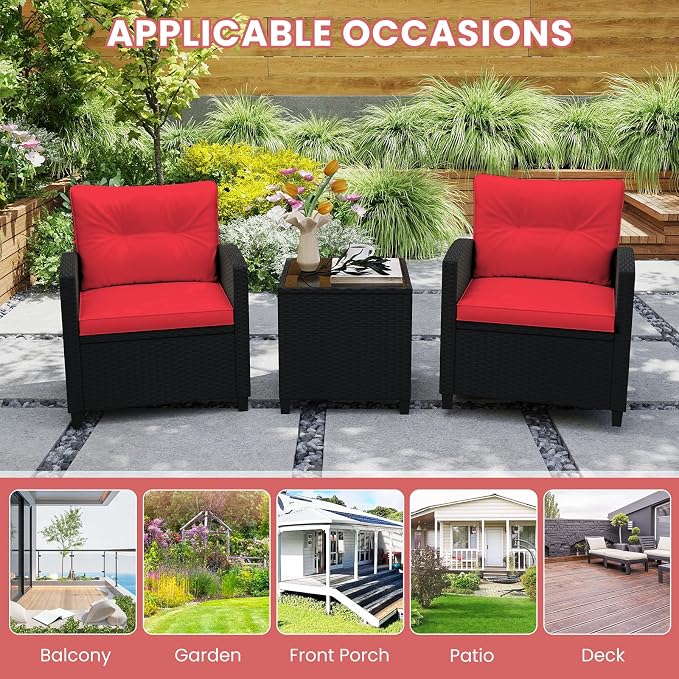 ORALNER 3 Pieces Patio Furniture Set, Wicker Conversation Set Outdoor Chairs with Cushions, Glass Coffee Table, Rattan Bistro Set for Front Porch Balcony Garden Deck Poolside (Red)