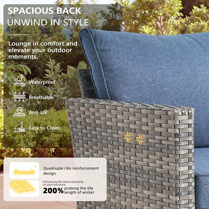 CAODOC 8-Piece Outdoor Wicker Patio Set with 9 Seats, Including 53" Fire Pit - Sectional Sofa and Conversation Set for Backyard or Lawn, Gray Rattan with Waterproof Blue Cushions
