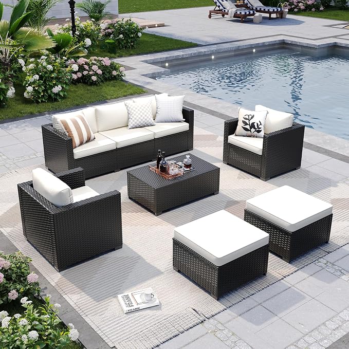 LazySunsets 6-Piece Outdoor Patio Furniture Set, Rattan Outdoor Sectional with Thick Waterproof Cushions, Wicker Ottomans & Waterproof Cover, Patio Conversation Set for Garden, Backyard, Beige