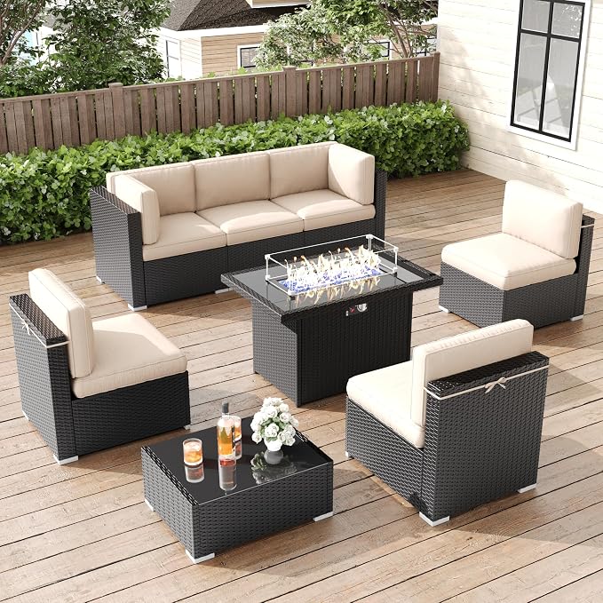 LayinSun 8 Pieces Patio Furniture Set with Fire Pit Table, Black Rattan Modular Sectional Patio Conversation Sofa Set