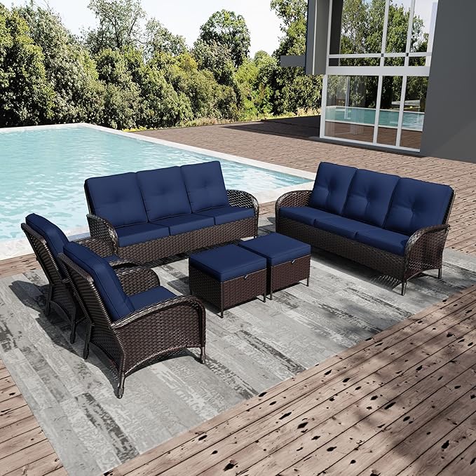 Joyside Wicker Patio Furniture Set, 6 Piece Outdoor Furniture Set with Thickened Cushions, High Back, Deep Seating, Wide Armrest, Rattan Outdoor Chairs for Porch, Deck