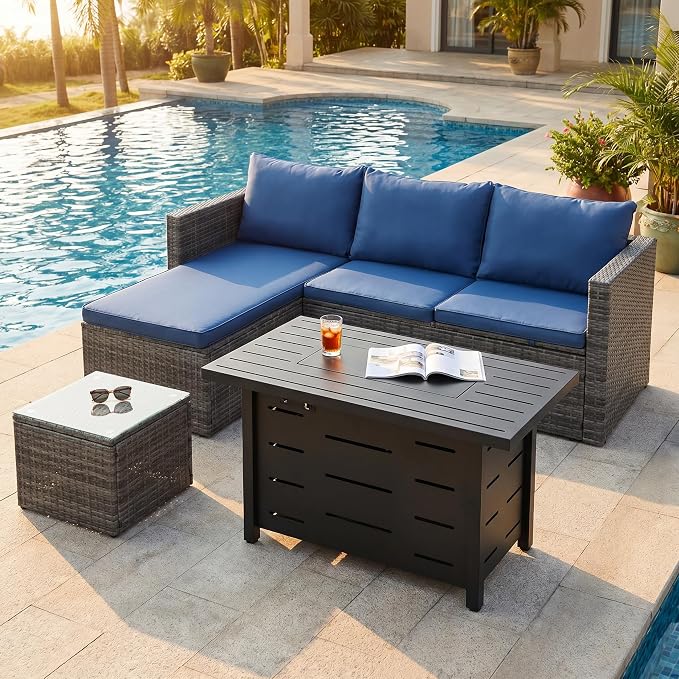 SUNLEI 4-Piece Patio Furniture Set with 43" Propane Fire Pit Table, Outdoor Wicker Sectional Sofa Set, All-Weather Conversation Set for Backyard, Poolside, Garden, Blue Cushions