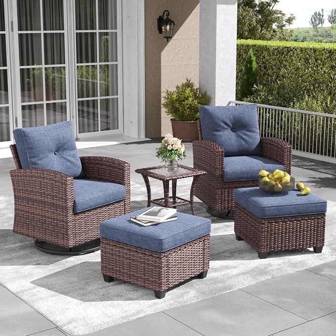 LayinSun 5 Pieces Patio Furniture Set with Swivel Chairs, Rattan Wicker Rocking Glide Chairs with Coffee Table Conversation Set