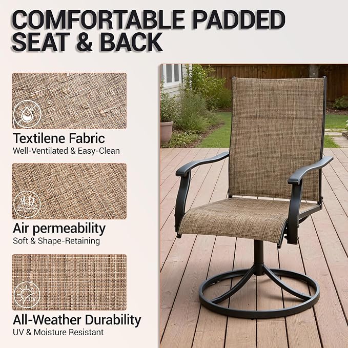 Patio Swivel Rocker Chairs Set of 8,Outdoor Dining Chairs High Back,15° Gentle Rocking Patio Chair with Padded Textilene, Metal Frame for Poolside Lawn Garden,Brown(8 PCS)