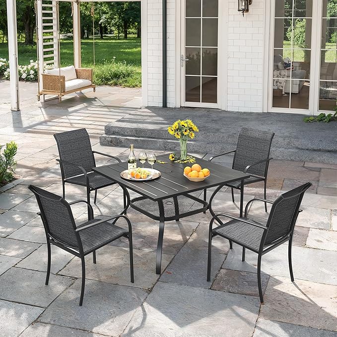 VICLLAX 5 Pieces Patio Outdoor Dining Set, 38" Square Metal Dining Table with Umbrella Hole and 4 Stackable Textilene Chairs for Patio, Lawn, Garden, Porch, Black/Grey