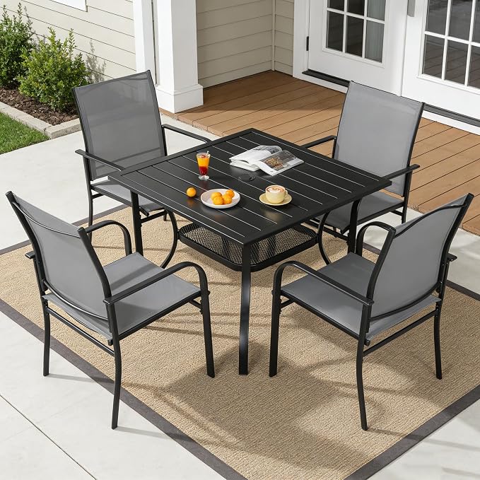SUNCROWN 5 - Piece Outdoor Dining Set, Patio Furniture Set with 4 x Textilene Dinning Chairs and 1 Steel Slat Metal Bistro Table for Lawn Garden Backyard Deck, Grey
