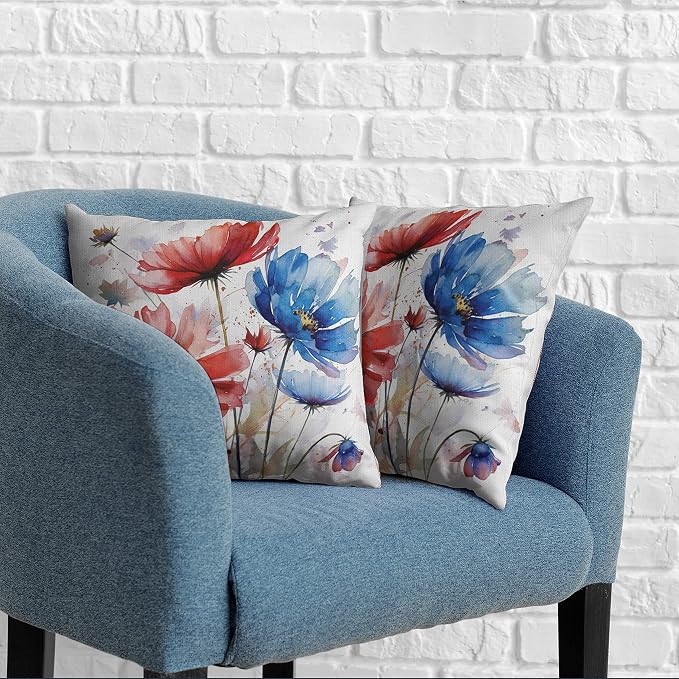 Watercolor Flower Outdoor Throw Pillow Covers 18x18 Set of 2 Red Blue Floral Pillow Covers Daisy Linen Square Farmhouse Pillowcase for Home Decor Couch Patio