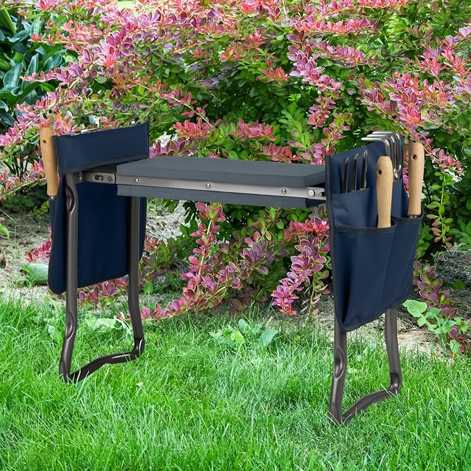 Pure Garden Garden Kneeler and Seat - Kneeling Pad Garden Stool with Tool Pouches - Gardening Gifts for Mom, Dad, Seniors, or Grandparents (Blue)