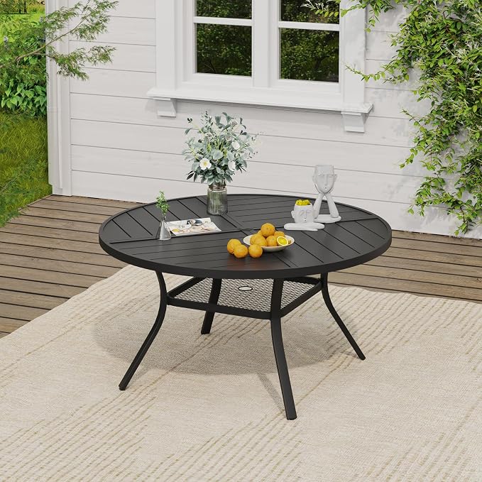 VICLLAX Round Outdoor Patio Dining Set for 6, Metal Slatted Patio Table with Umbrella Hole and 6 Stackable Patio Chairs for Deck Lawn Garden, Black Fabric and Black Tabletop