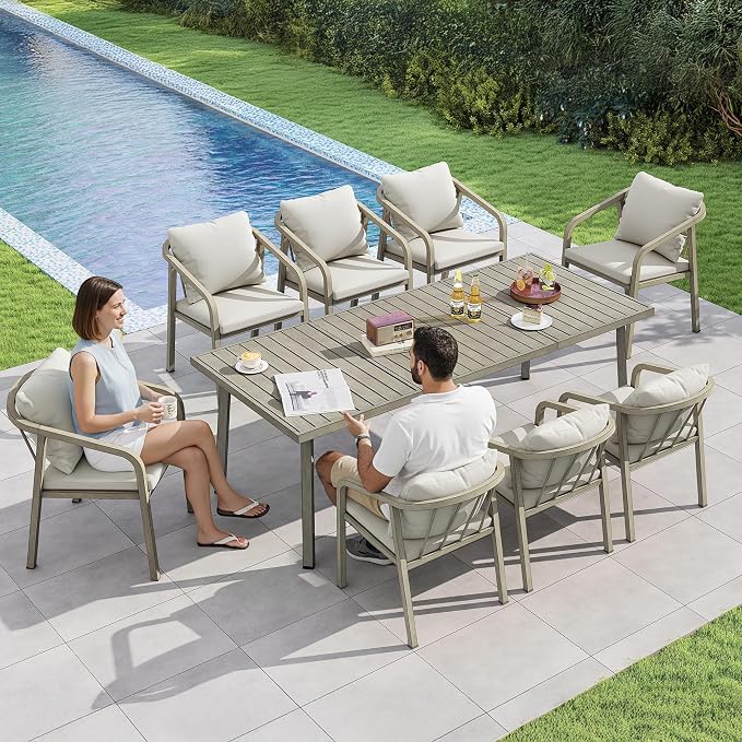 Outdoor Dining Set,7-Piece Patio Dining Table Set for 6 with Rectangular Table & 6 Thick Cushion Sofa Chair, Aluminum All-Weather Patio Furniture Set for Backyard, Garden and Poolside (Grey)