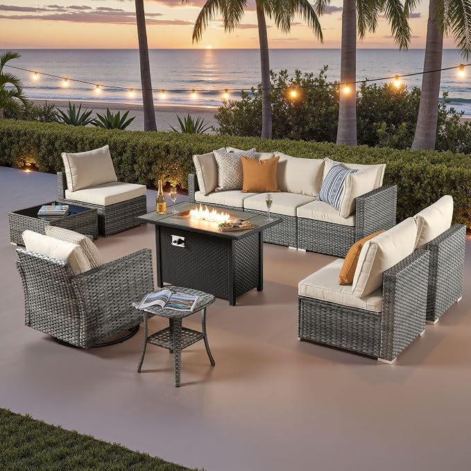 ovios 10 Piece Outdoor Patio Furniture Set with Fire Pit Table,Conversation Sectional Wicker Couch with Swivel Chairs,Modern Outside Sofa for Balcony Backyard, Beige