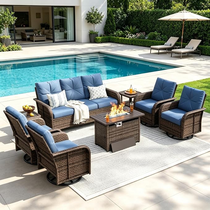 LazySunsets Luxury 10-Piece Patio Furniture Set with 44'' Fire Pit Table, Wicker Rattan Sofa with Thick Cushion, Outdoor Conversation Set for Backyard, Poolside & Garden, Brown/Navy Blue