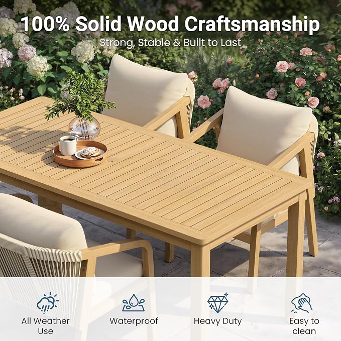 Wisteria Lane 7 Pieces Acacia Patio Dining Set for 6, Patio Dining Table and Chairs Set with Cushion, Modern Outdoor Dining Furniture Set for Lawn Backyard Garden Deck, Beige