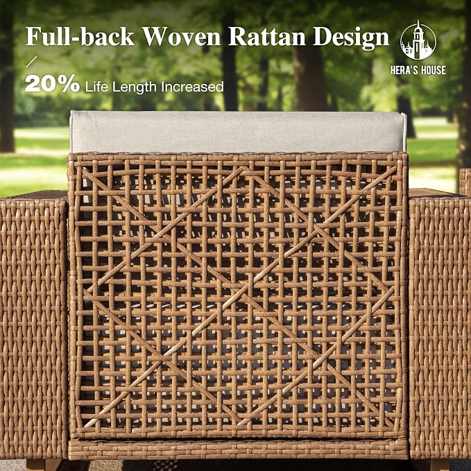 HERA'S HOUSE Patio Wicker Chairs with 10" Thick Cushions, Outdoor Patio Furniture Set of 2, 2-Piece Yellow Rattan Conversation Set with 5.3" Widened Armrest, Low Profile Lawn Garden Deck Furniture