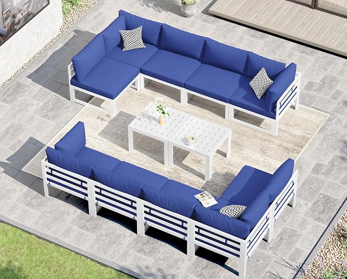 NICESOUL 12 Pcs Aluminum Patio Furniture Set for Large Groups, 500lbs Heavy Duty Outdoor Sectional Sofa with Coffee Table, L Shaped 29" Deep Wide Seating Conversation Couch for Garden Lawn, Navy Blue