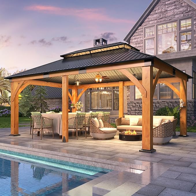 COVERONICS 12FT x 20FT Outdoor Spruce Wood Gazebo - Patio Wooden Frame Gazebo with Galvanized Steel Double Roof, Heavy-Duty Hardtop Gazebos for Garden, Poolside, Deck, Backyard