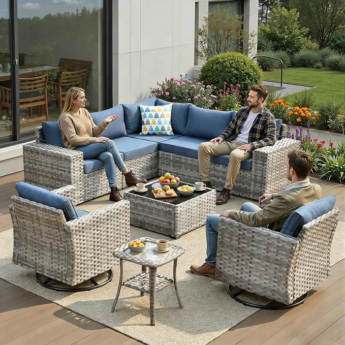 9 Pieces Patio Furniture Set, Wicker Outdoor Sectional Sofa with Swivel Chair Comfy Cushions, Modern Modular Deep Seat Rattan Couch Conversation Set for Backyard Porch Yard,Denim Blue