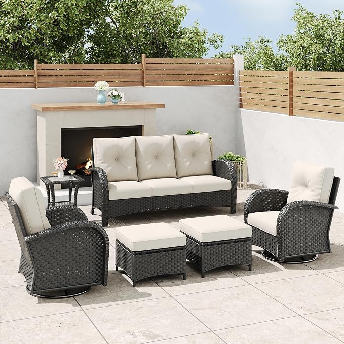 6 Pieces Outdoor Wicker Patio Swivel Rocking Chairs, All Weather Wicker Conversation Set with Side Table