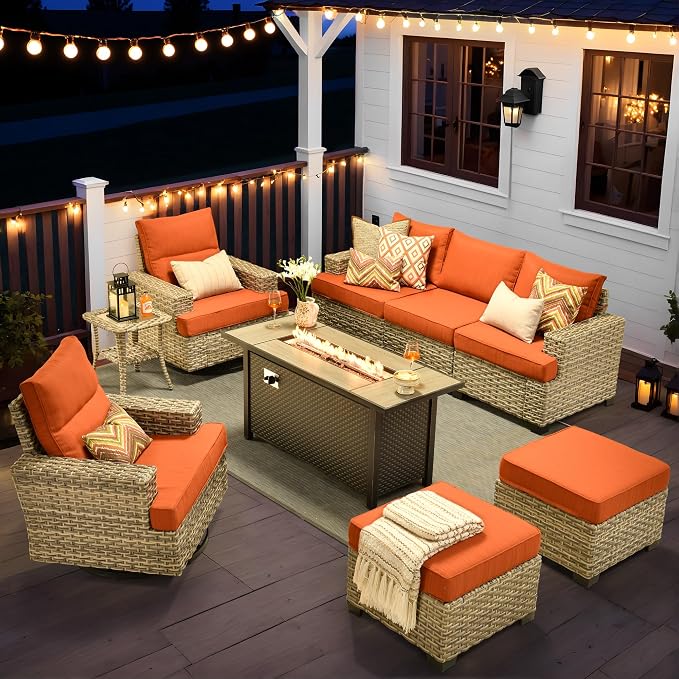 9 Pcs Outdoor Sectional Patio Furniture Set with Fire Pit Table and Swivel Rocking Chairs - All Weather Wicker Modular Outside Sectional Couch,Patio Seating Outdoor Conversation Sets,Orange Red