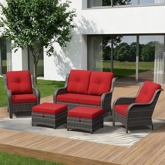 5 Piece Outdoor Wicker Patio Furniture Set, Patio Chairs Set with Thickened Olefin Cushions, High Back and Deep Seating, Hand-Woven PE Rattan, Ottoman for Porch, Deck