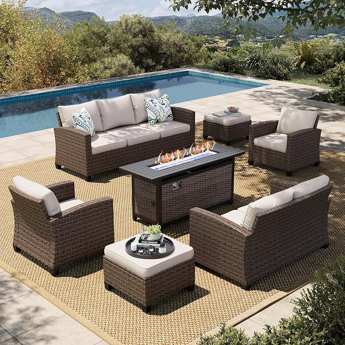 HERA'S HOUSE Wicker Patio Furniture Set with Fire Pit Table, Outdoor Rattan Conversation Sofa Sets for Lawn Yard