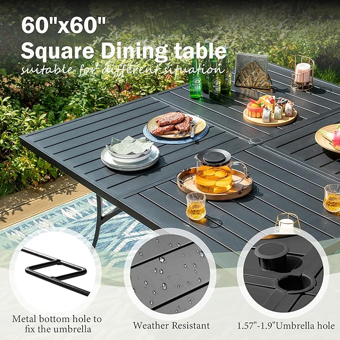MIXPATIO 9 Pieces Outdoor Patio Dining Set, Wicker Patio Table and Chairs Set of 8, Swivel Wicker Chairs with 3.2" Cushion and Square Table with Umbrella Hole for Yard, Porch, Beige
