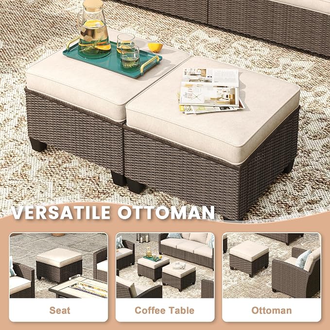 VICLLAX 5 Pieces Wicker Outdoor Furniture Set with Ottomans, PE Rattan Patio Conversation Set with 2 Single Chairs, Metal Side Table for Deck Porch Pool, Beige Cushion