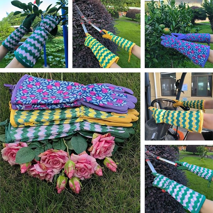 Thornproof Rose&Cactus Gardening Gloves,Gauntlet Garden Glove,Gifts | Canvas,Cute Floral Pattern,Leather Palm,Touchscreen,Durable Material,Garden Gift,Men&Women,Machine Washable,Adjustable Cuff