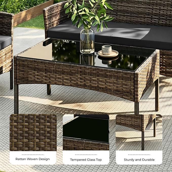 4 Pieces Outdoor Patio Furniture Set, Wicker Patio Conversation Set with Tea Table, All-Weather Outside Rattan Sectional Sofa for Backyard, Poolside, Garden, Balcony, Brown/Gray