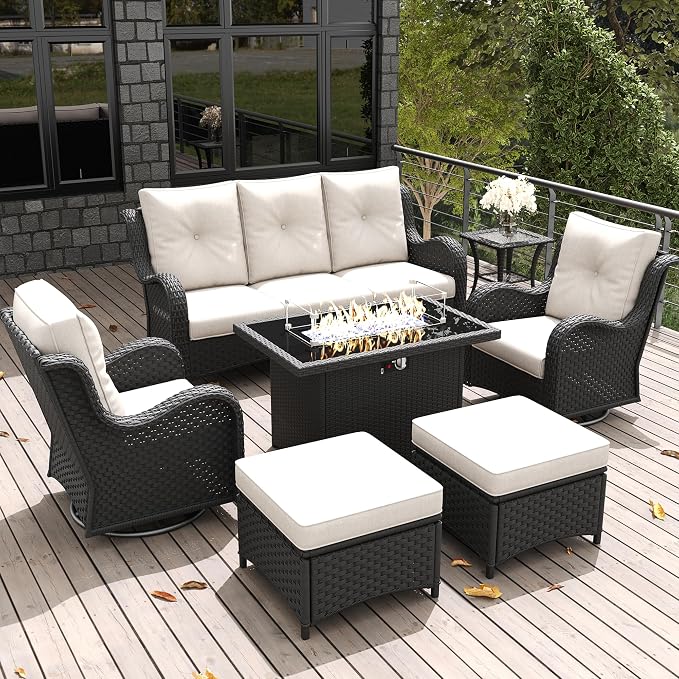 LayinSun 7 Pieces Outdoor Patio Furniture Set with Fire Pit Table, Rattan Wicker Sectional Swivel Rocker Chairs Sets with Ottomans, Swivel Glider Chairs and Coffee Table