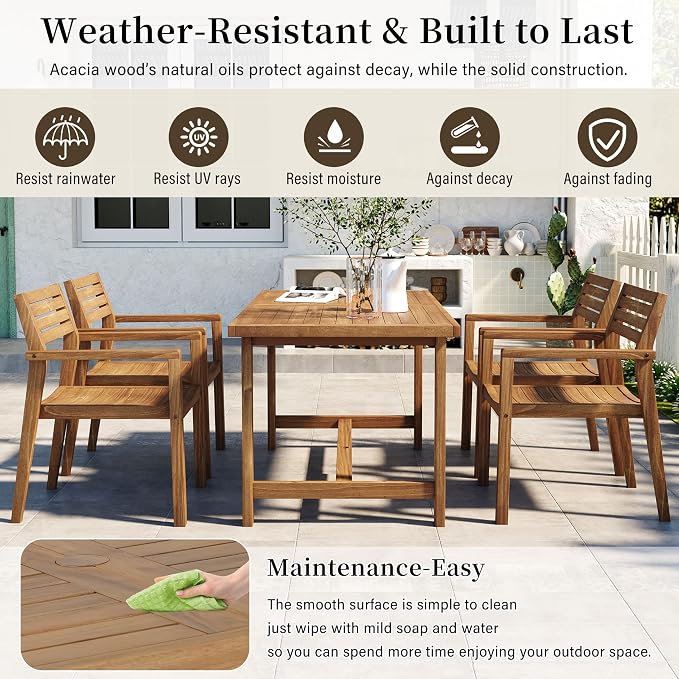 5 Piece Outdoor Dining Set for 4, 59.06" Rectangular Table with Umbrella Hole and 4 Comfortable Chairs, Acacia Wood Dining Set for Patio, Lawn, Garden, Poolside & Indoor Use, Natural