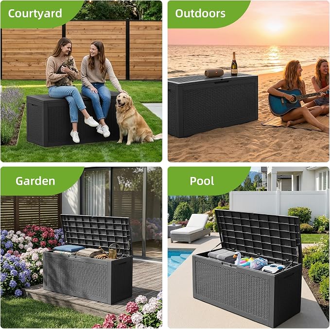 120 Gallon Outdoor Storage Deck Box Waterproof Resin Lockable Outside Bench Porch Patio Furniture Pool Float Garden Tool Cushion UV Resistant Bin Black