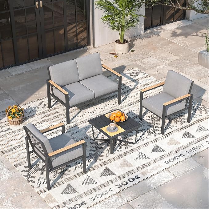 4-Piece Patio Furniture Set with Coffee Table & Removable Washable Cushions, All-Weather Metal Frame and Wood-Like Armrests for Porch, Garden, Balcony,Grey