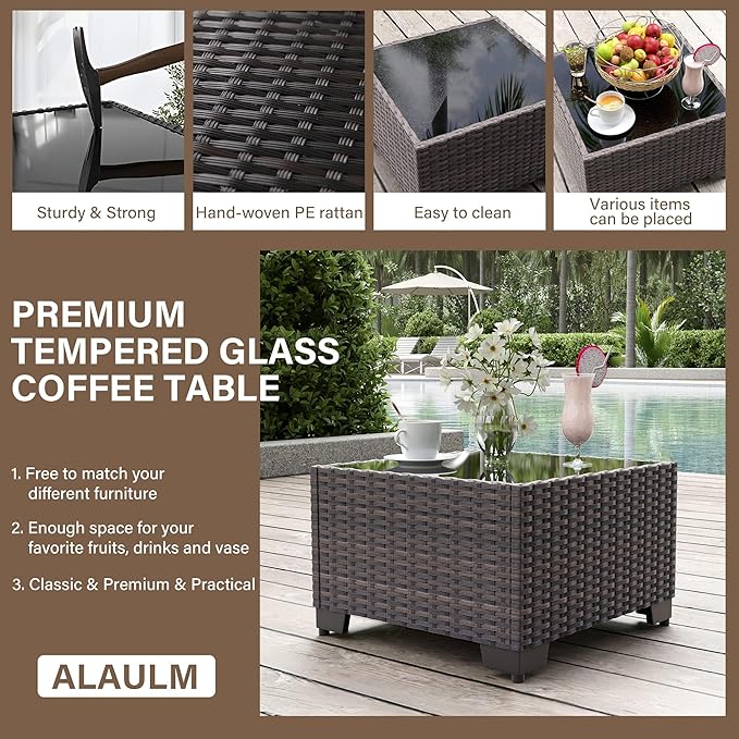 ALAULM 7 Pieces Patio Furniture Set with Fire Pit Table 55000BTU, Oversized Seat/Armrest and High Back Wicker Conversation Set with Thick Cushion for Backyard, Garden, Black