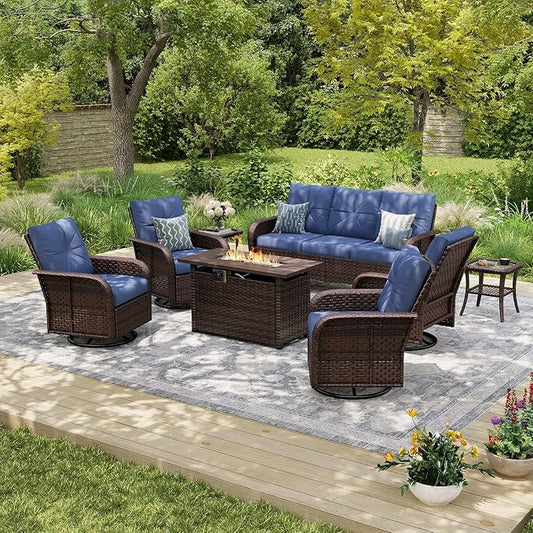 Aoxun Luxury 8-Piece Patio Furniture Set with 44'' Fire Pit Table, Wicker Rattan Sofa with Thick Cushion, Outdoor Conversation Set for Backyard, Poolside & Garden, Brown/Navy Blue