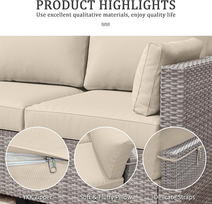 Outdoor Furniture Replacement Cushions, Waterproof Patio Furniture Cushions, 4" Deep Seat Outdoor Sectional Cushion for 3-Seat Outdoors Rattan Sofa Patio Sofa Cushion, Cream
